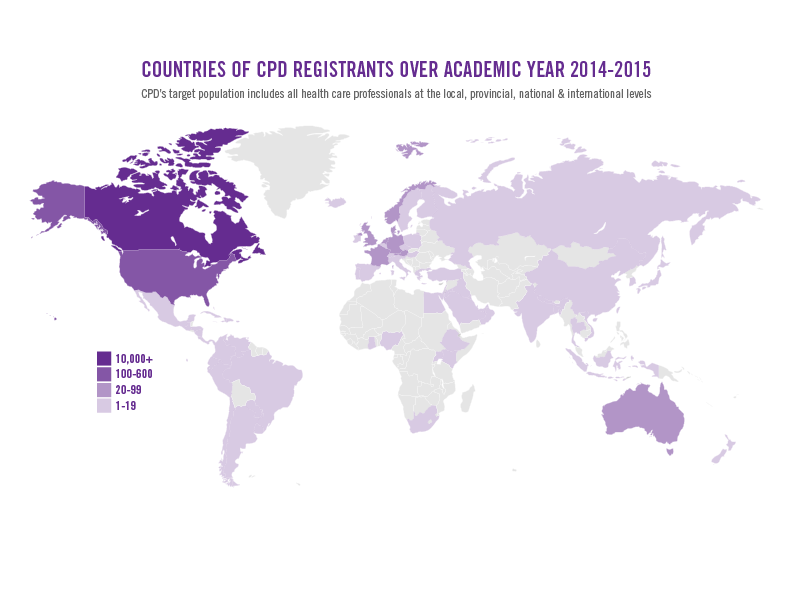 Map showing the countries of CPD registrants in 2014-2015.