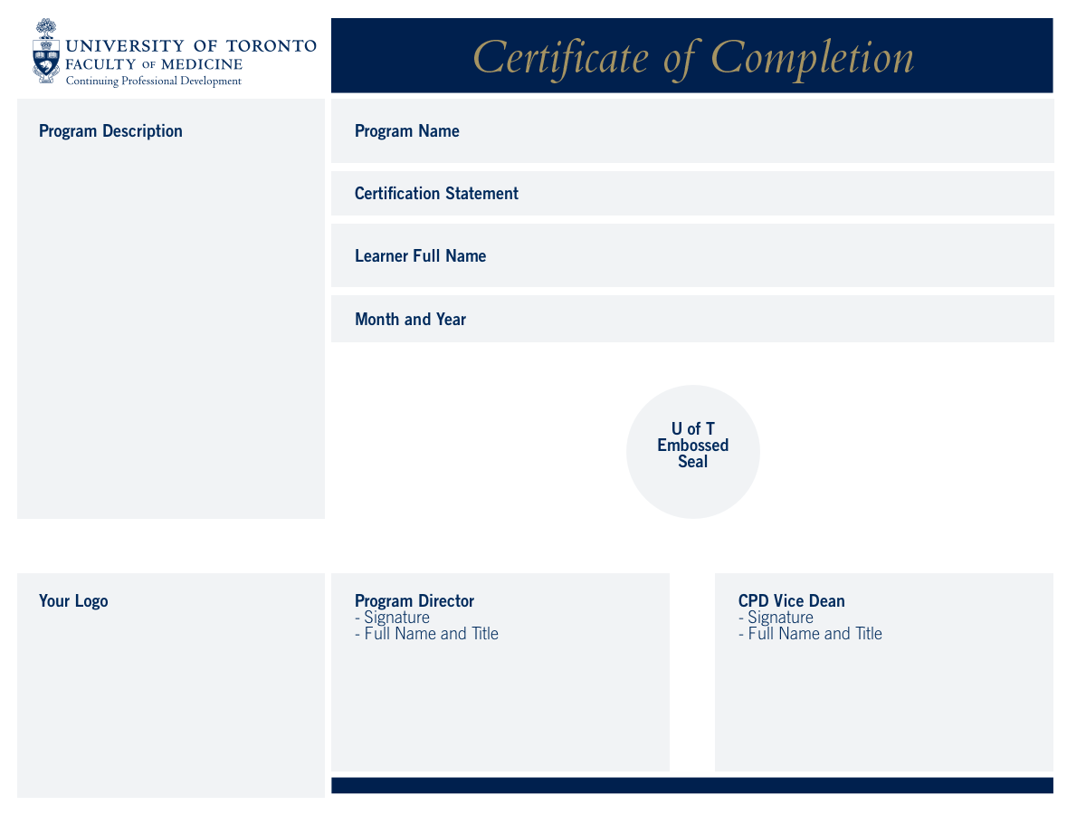 Drawing showing the regions of a CPD Certificate of Completion